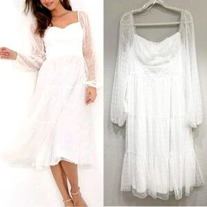 NWOT Lulus Affectionate Aura White Swiss Dot‎ Tiered Bustier Midi Dress